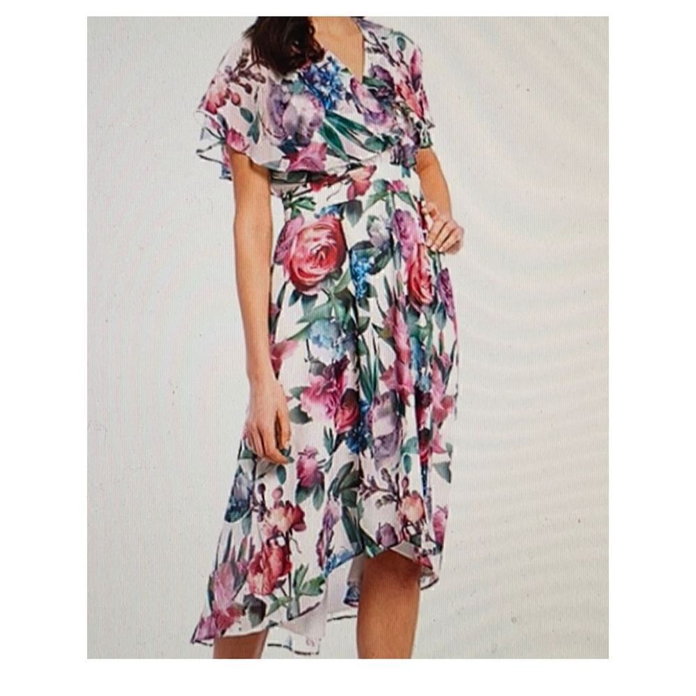 Maggy London Romantic White Floral Flutter Sleeve High Low Midi Dress Size 6